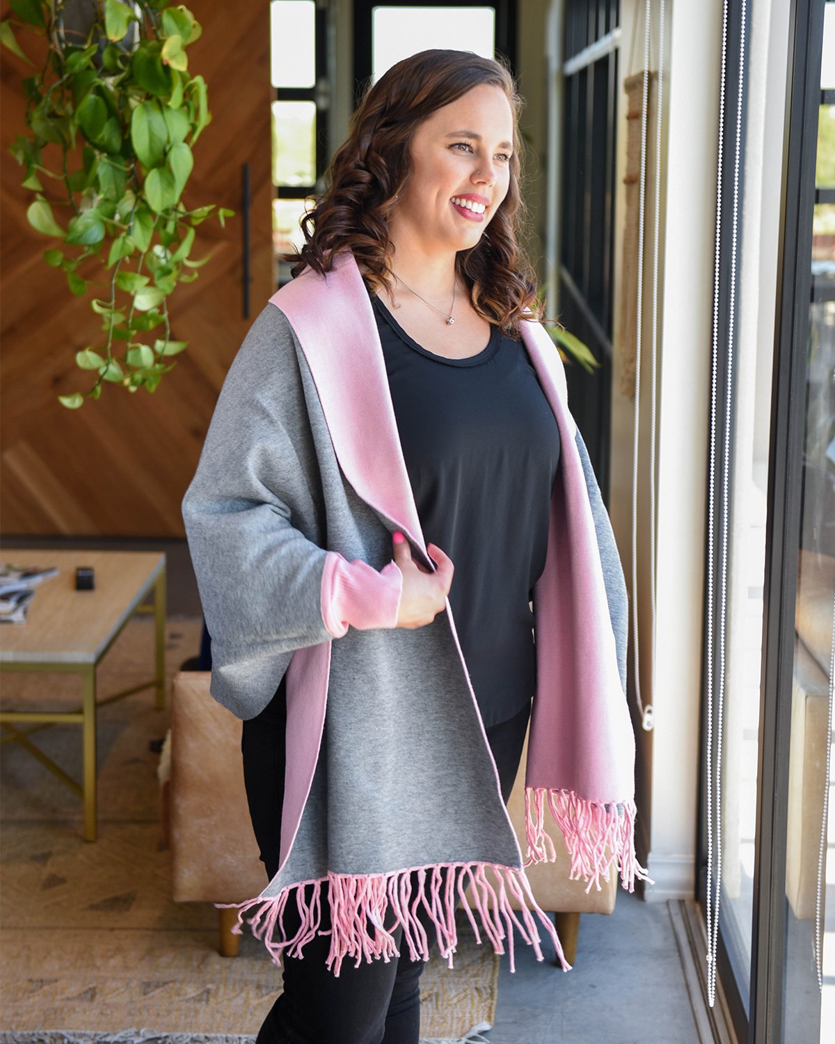 Cozie Cardi Cardigan Pink Model Reverse Side